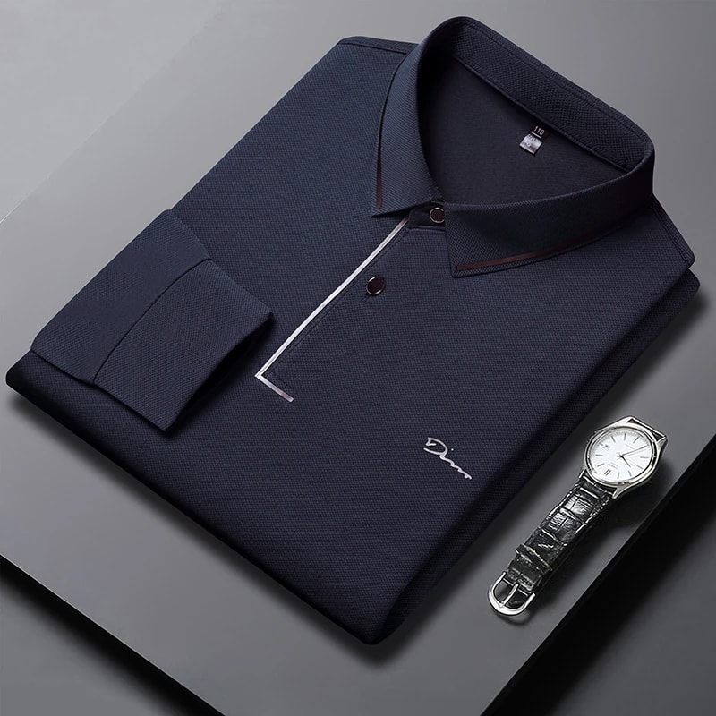 New Mens Business Casual Polo Shirt Long Sleeved Badge Solid Color Fashionable Comfortable Breathab 3