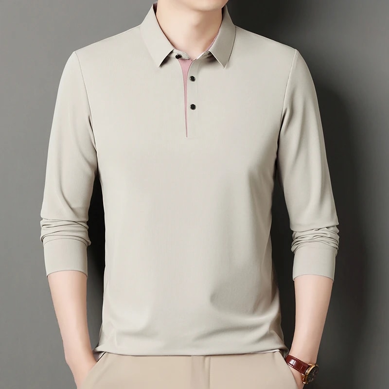 New Mens Business Casual Polo Shirt Long Sleeved Solid Color Shirt Comfortable Versatile Fashionabl 7