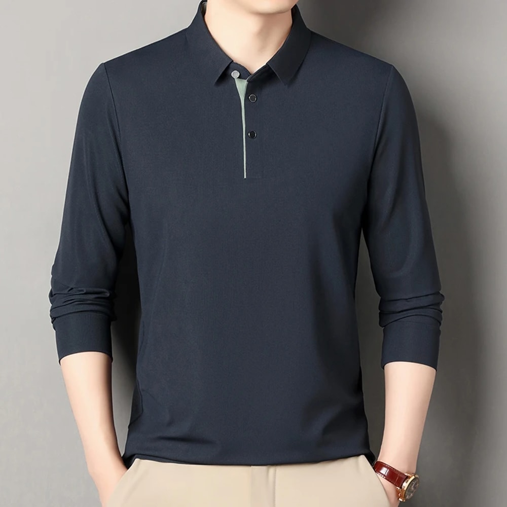 New Mens Business Casual Polo Shirt Long Sleeved Solid Color Shirt Comfortable Versatile Fashionabl 6