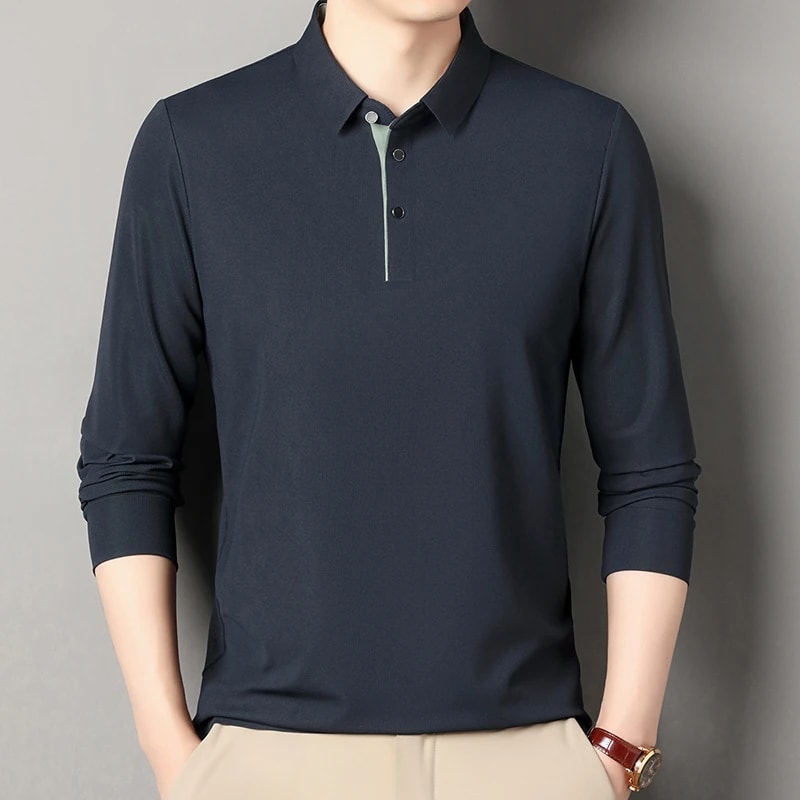 New Mens Business Casual Polo Shirt Long Sleeved Solid Color Shirt Comfortable Versatile Fashionabl 6
