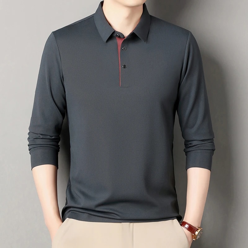 New Mens Business Casual Polo Shirt Long Sleeved Solid Color Shirt Comfortable Versatile Fashionabl 8