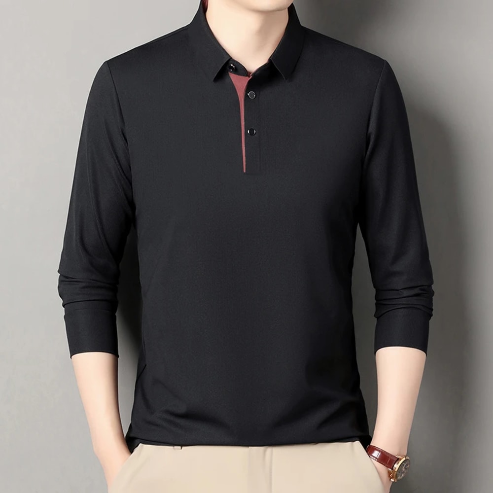 New Mens Business Casual Polo Shirt Long Sleeved Solid Color Shirt Comfortable Versatile Fashionabl 9