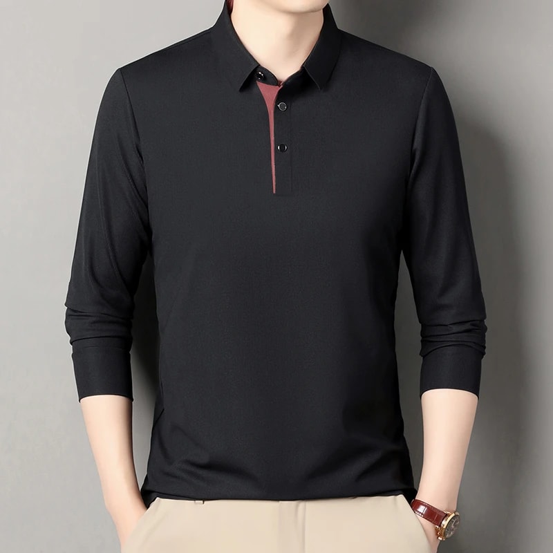 New Mens Business Casual Polo Shirt Long Sleeved Solid Color Shirt Comfortable Versatile Fashionabl 9