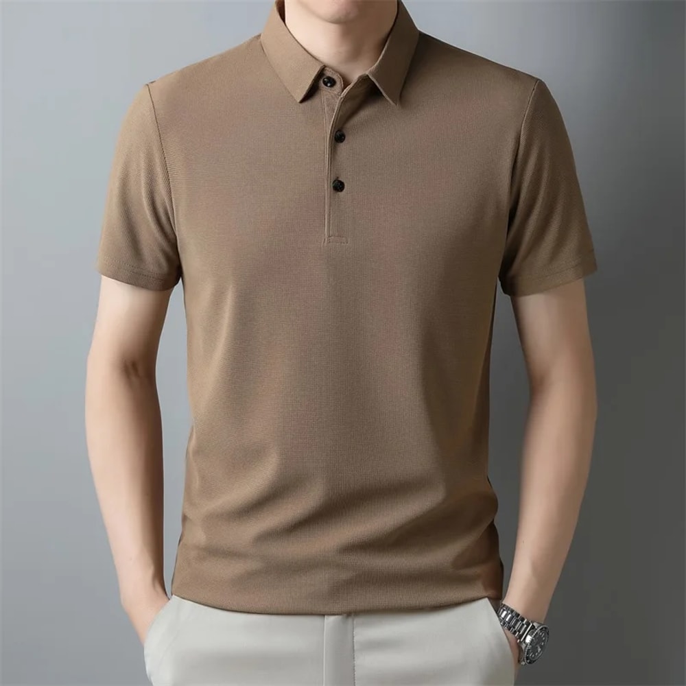 Fashion Solid Color Polo Shirt For Men New Casual Waffle Short Sleeve Top 4