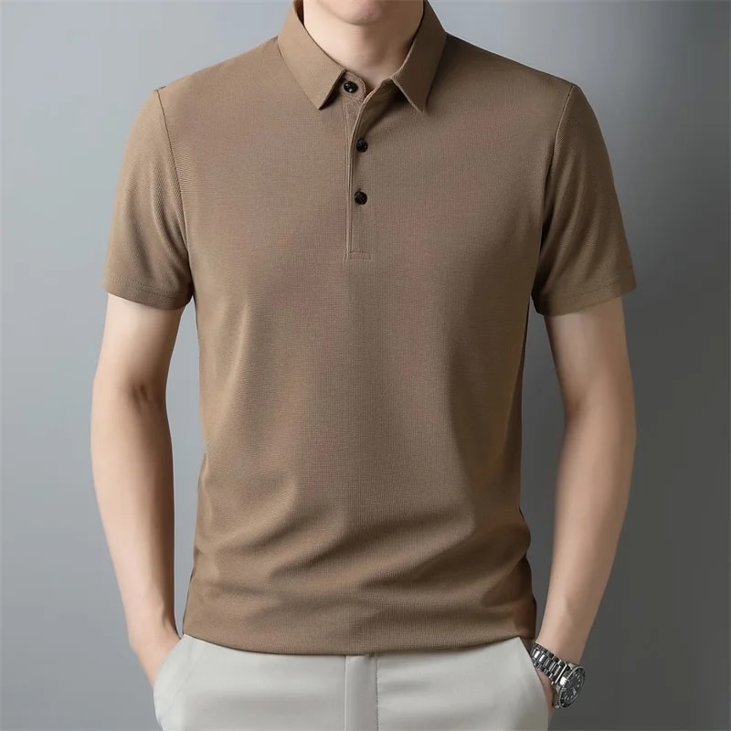 Fashion Solid Color Polo Shirt For Men New Casual Waffle Short Sleeve Top 4
