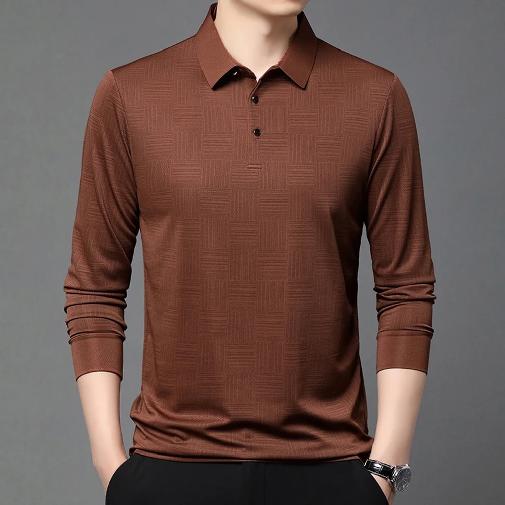 New Mens Solid Color Long Sleeved Polo Shirt Fashionable Comfortable Breathable Versatile Business 7