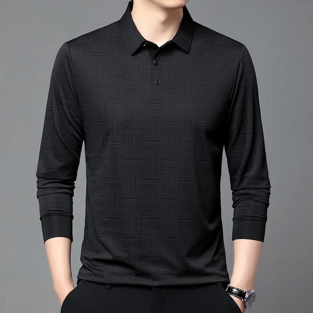 New Mens Solid Color Long Sleeved Polo Shirt Fashionable Comfortable Breathable Versatile Business 6
