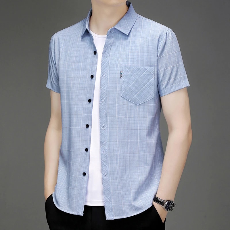 Comfortable All Season New Mens Business Casual Short Sleeved Printed Shirt With Wrinkle Resistance 8