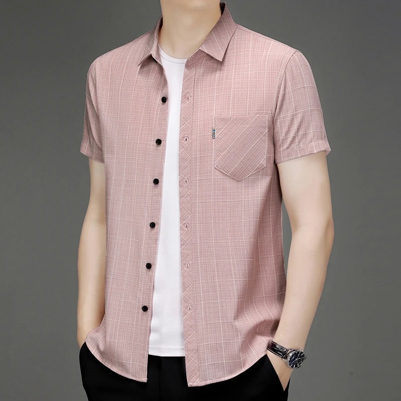 Comfortable All Season New Mens Business Casual Short Sleeved Printed Shirt With Wrinkle Resistance 6