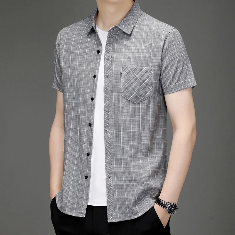 Comfortable All Season New Mens Business Casual Short Sleeved Printed Shirt With Wrinkle Resistance 7