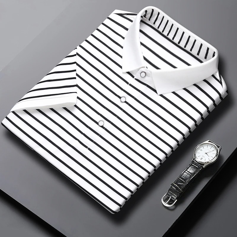 Mens Fashion Striped Cotton POLO Shirt Casual Business Short Sleeved Comfortable And Breathable Top 9