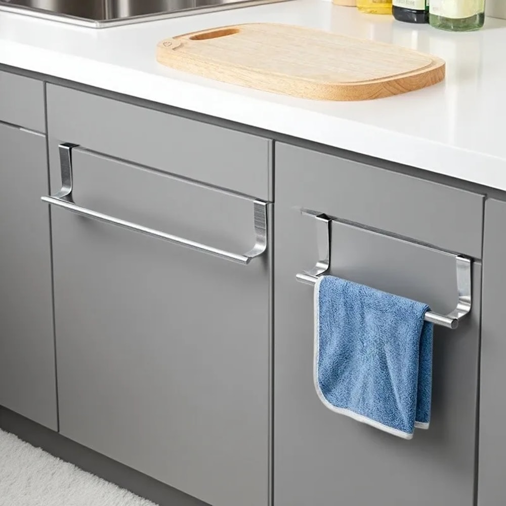 Stainless Steel No Drilling Door Back Towel Holder Rack Kitchen Cabinet Cloth Hanging Storage Shelf 0