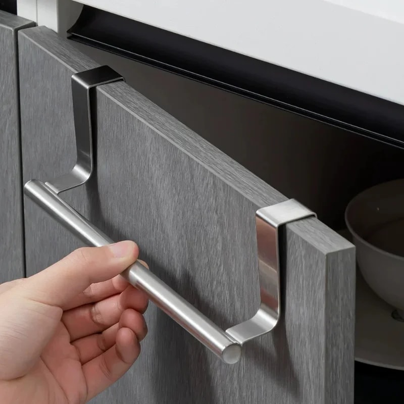 Stainless Steel No Drilling Door Back Towel Holder Rack Kitchen Cabinet Cloth Hanging Storage Shelf 1