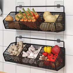 durable wall mounted metal wire storage basket for kitchen spices, garlic, onions, and vegetables