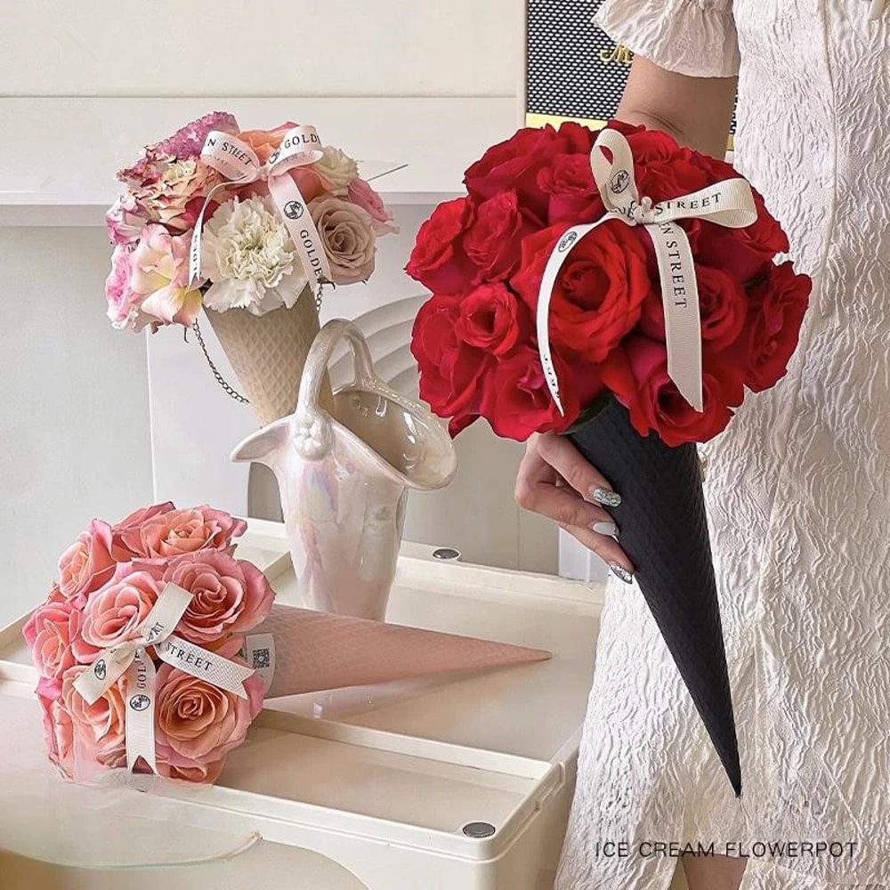 Fresh Flower Packaging Paper Ice Cream Cone Style Thickened Cardboard Bouquet Wrap