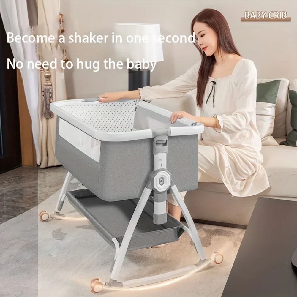 Baby Crib Portable Foldable Cradle Bed With Adjustable Height Movable Splicing Bedside Swing 1