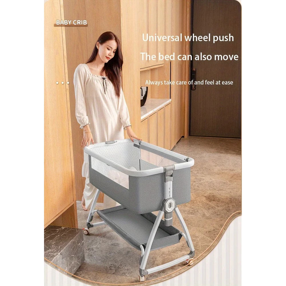 Baby Crib Portable Foldable Cradle Bed With Adjustable Height Movable Splicing Bedside Swing 4