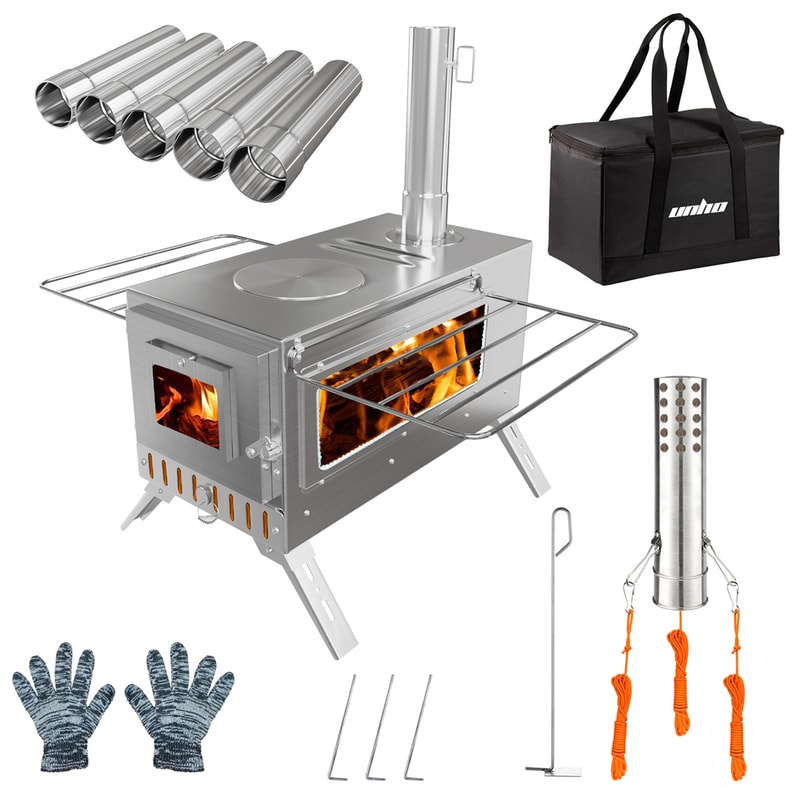 Tent Stove with Stainless Chimney Pipes, unho Portable Wood Burning Stove for Outdoor Heating and Cooking