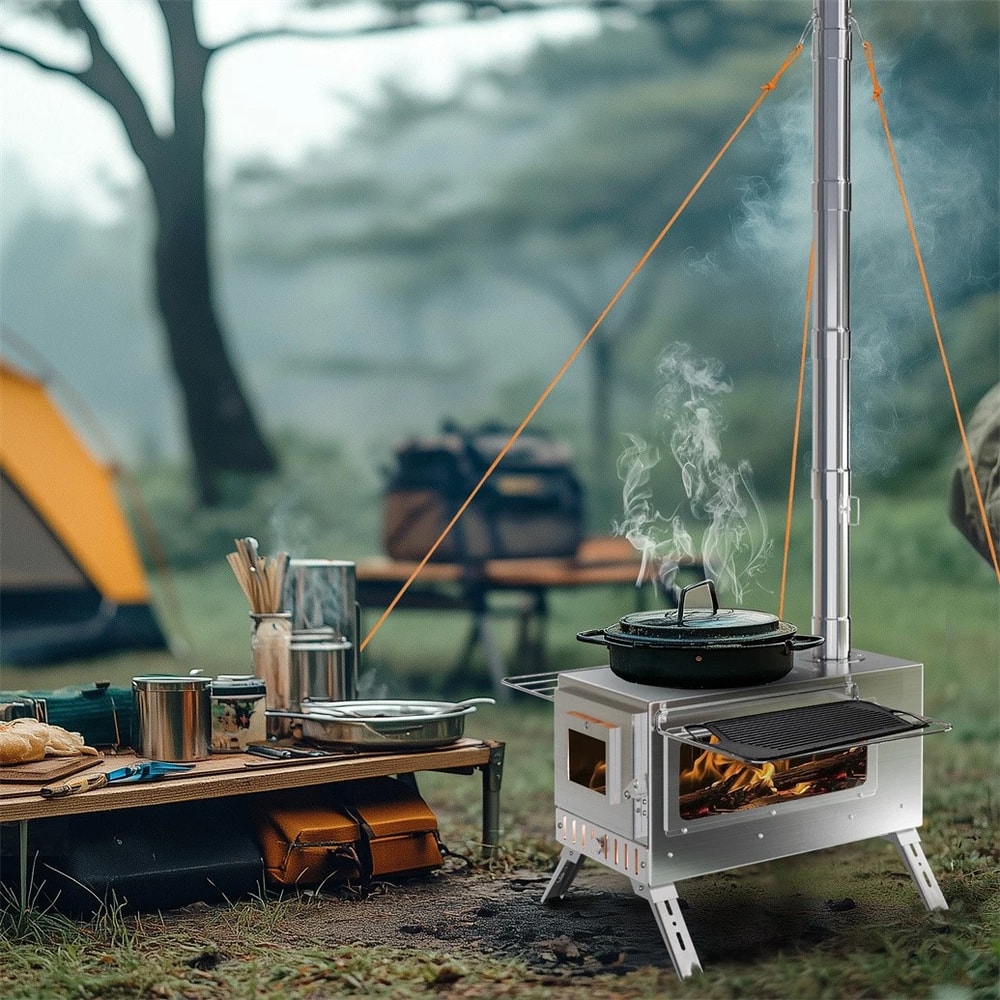 Tent Stove with Stainless Chimney Pipes, unho Portable Wood Burning Stove for Outdoor Heating and Cooking