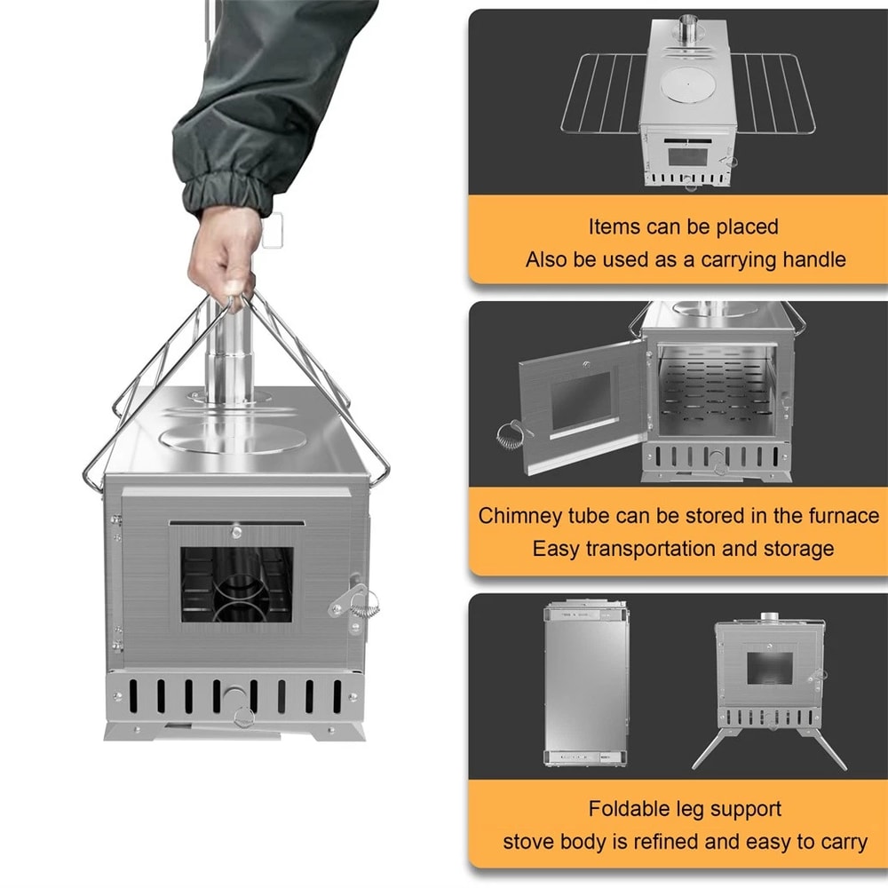 Tent Stove with Stainless Chimney Pipes, unho Portable Wood Burning Stove for Outdoor Heating and Cooking