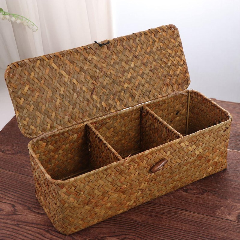 Hand Woven Grids Storage Basket With Lid DustProof Clothing Basket Rectangular Organizer For Wardro 0