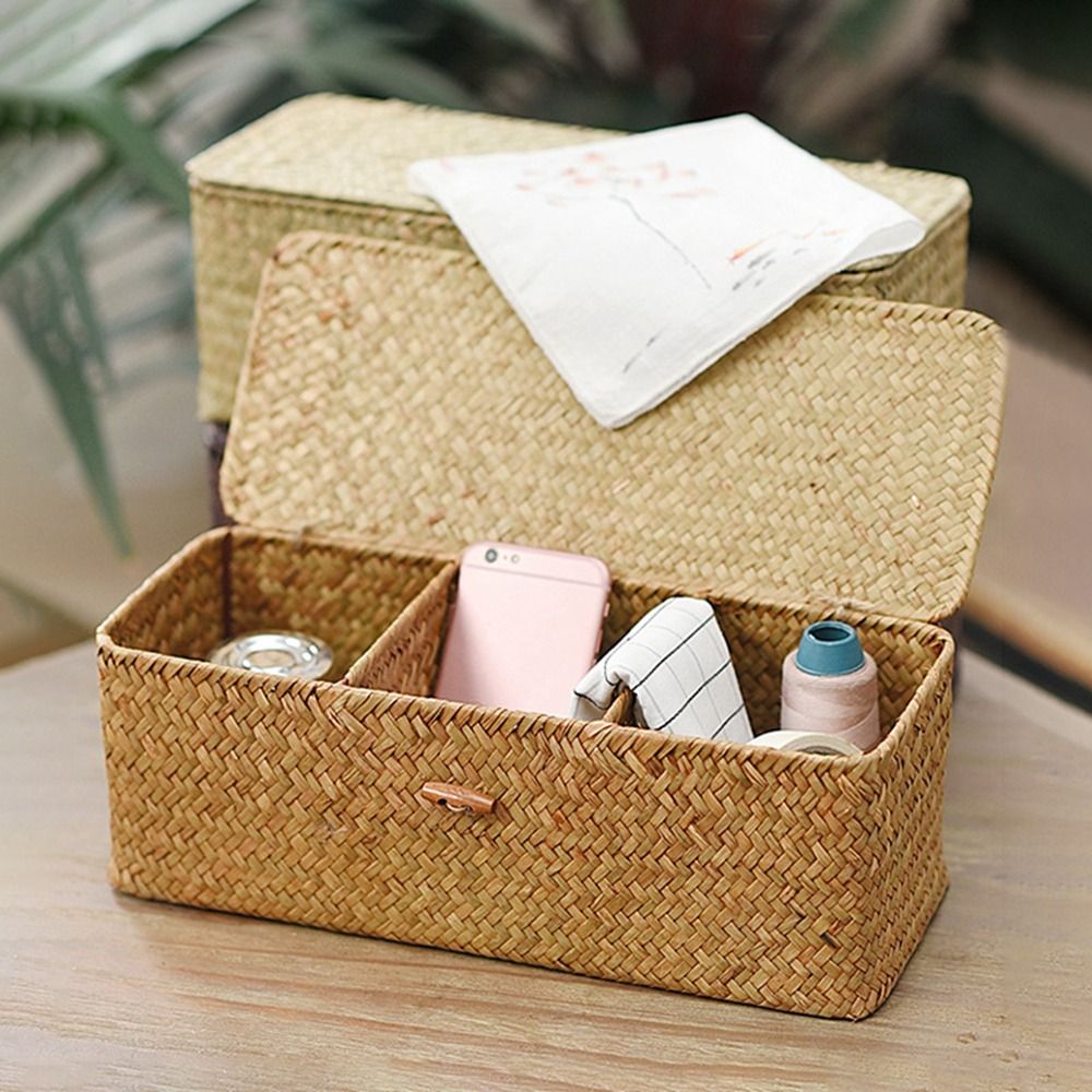 Hand Woven Grids Storage Basket With Lid DustProof Clothing Basket Rectangular Organizer For Wardro 1