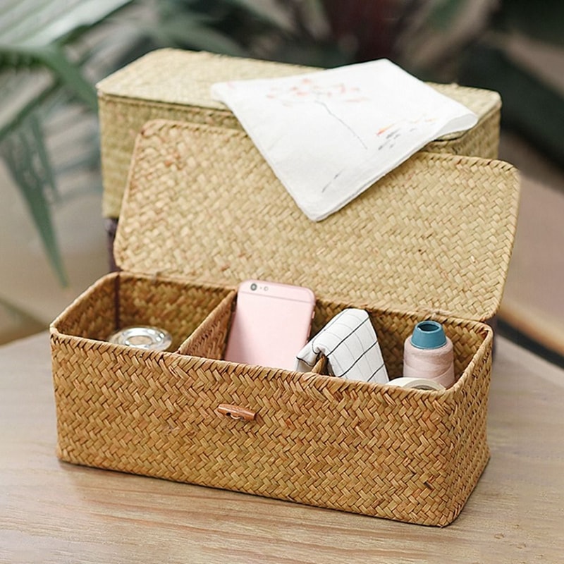 Hand Woven Grids Storage Basket With Lid DustProof Clothing Basket Rectangular Organizer For Wardro 1