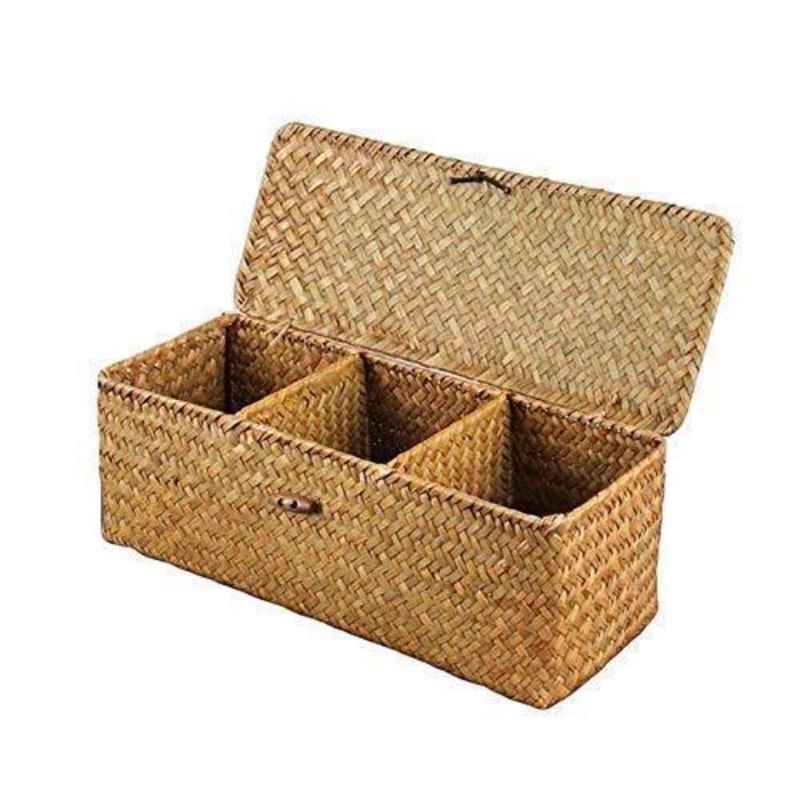 Hand Woven Grids Storage Basket With Lid DustProof Clothing Basket Rectangular Organizer For Wardro 5