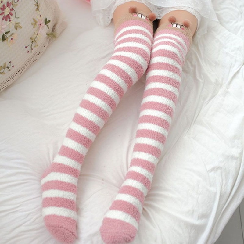 Cute Animal Printed Knee Socks Striped Lovely Long Winter Thigh High Stockings