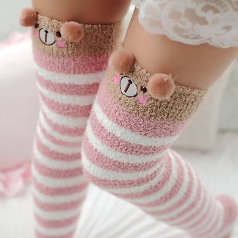 Cute Animal Printed Knee Socks Striped Lovely Long Winter Thigh High Stockings