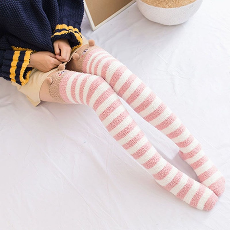 Cute Animal Printed Knee Socks Striped Lovely Long Winter Thigh High Stockings