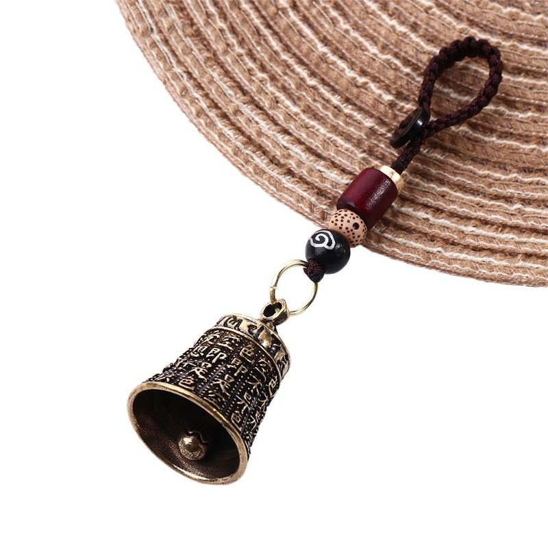 Handmade Pure Brass Bell Key Chain Pendant With Engraved Scripture Sutra Lanyard 0