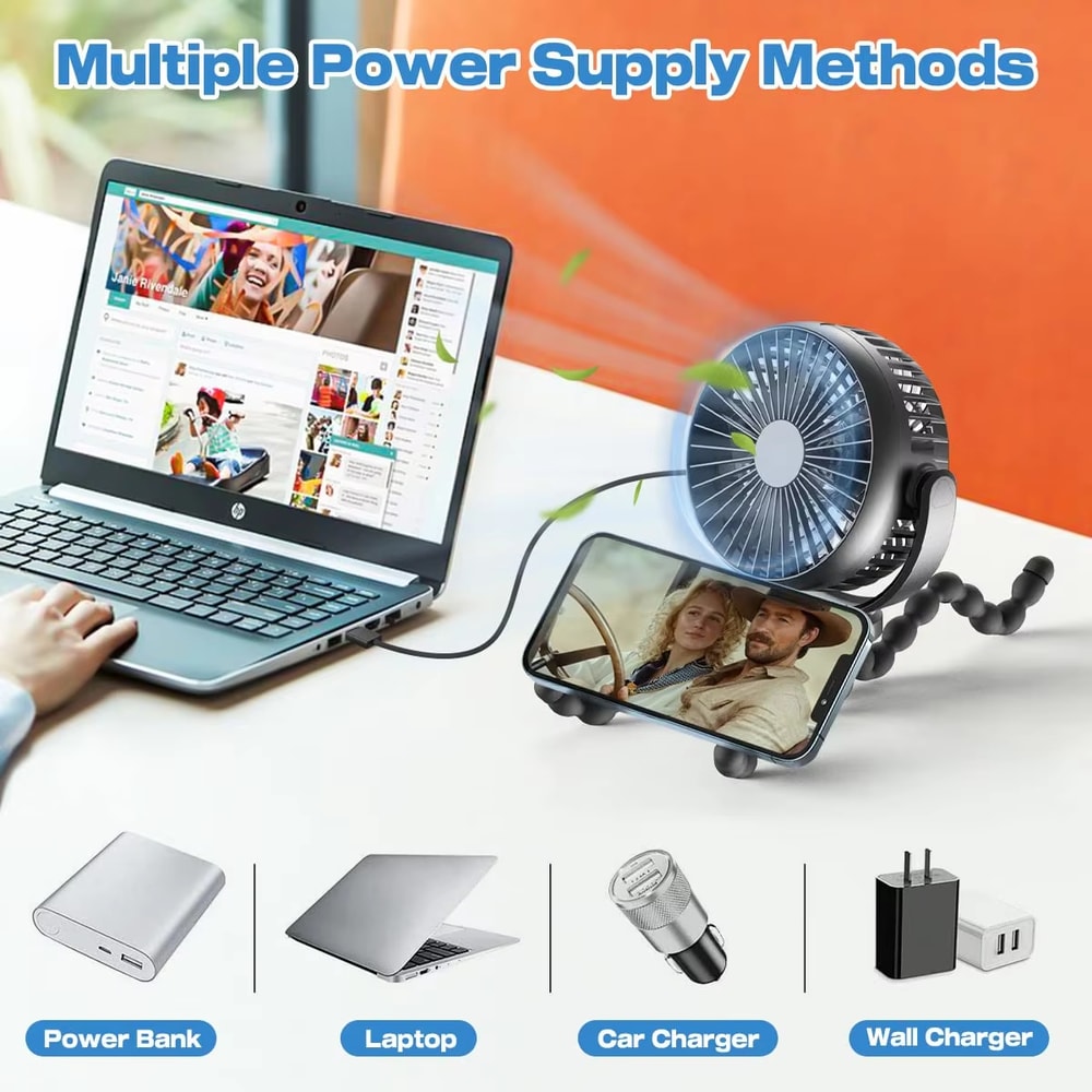 Portable USB Charging Baby Fan With Speeds Mini Fan For Stroller Mobile Phone Holder And Light For 4
