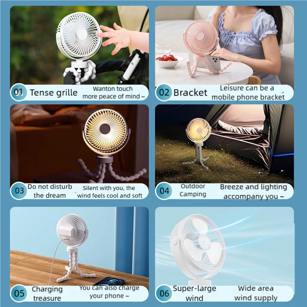 Portable USB Charging Baby Fan With Speeds Mini Fan For Stroller Mobile Phone Holder And Light For 5