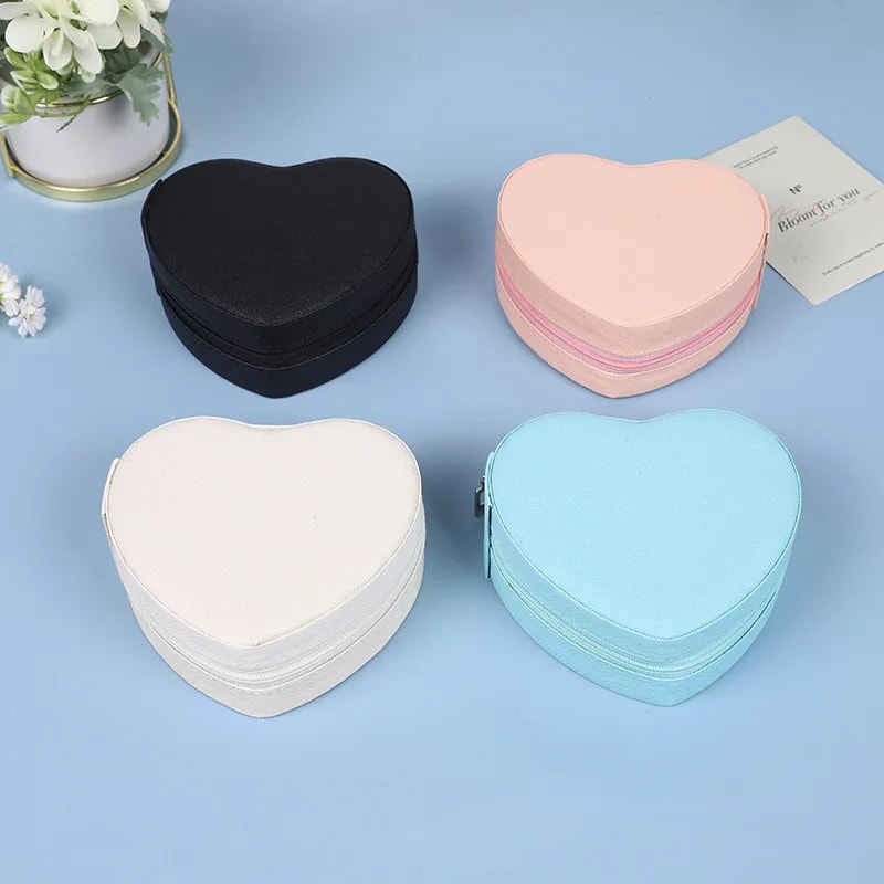 HeartShaped Jewelry Box Portable Travel Necklace Pendant Ring Earrings Storage Leather Zipper Cute 0