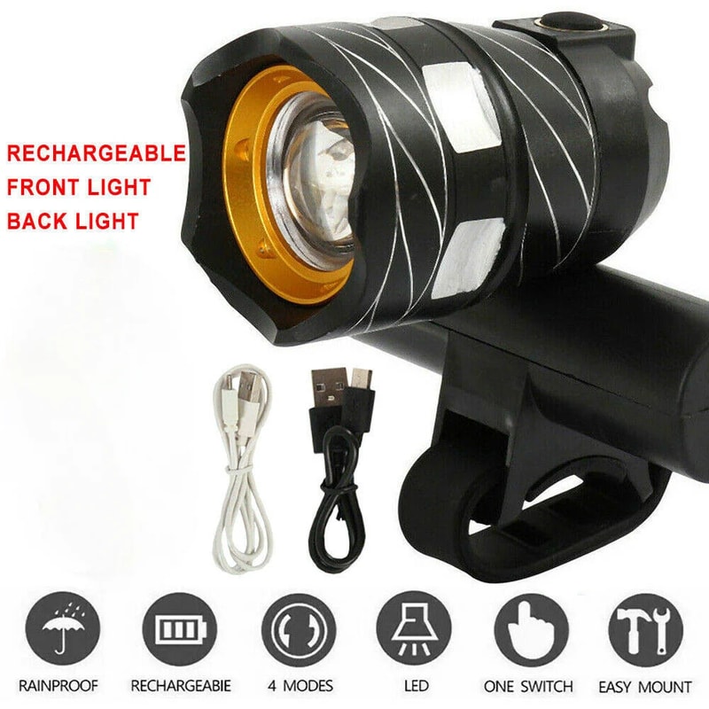 Bike Light Set LED, USB Rechargeable Flashlight, Waterproof Zoomable Headlight