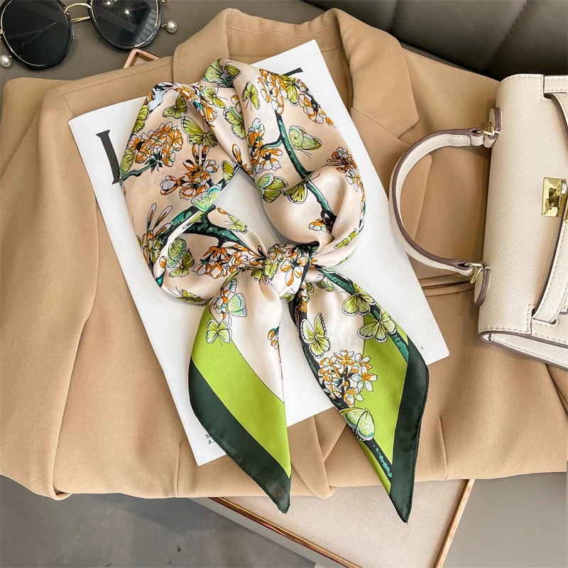 Silk Square Plaid Scarf Women Satin Hijab Head Neck Tie Band Luxury Foulard Soft Work Neckerchief 6