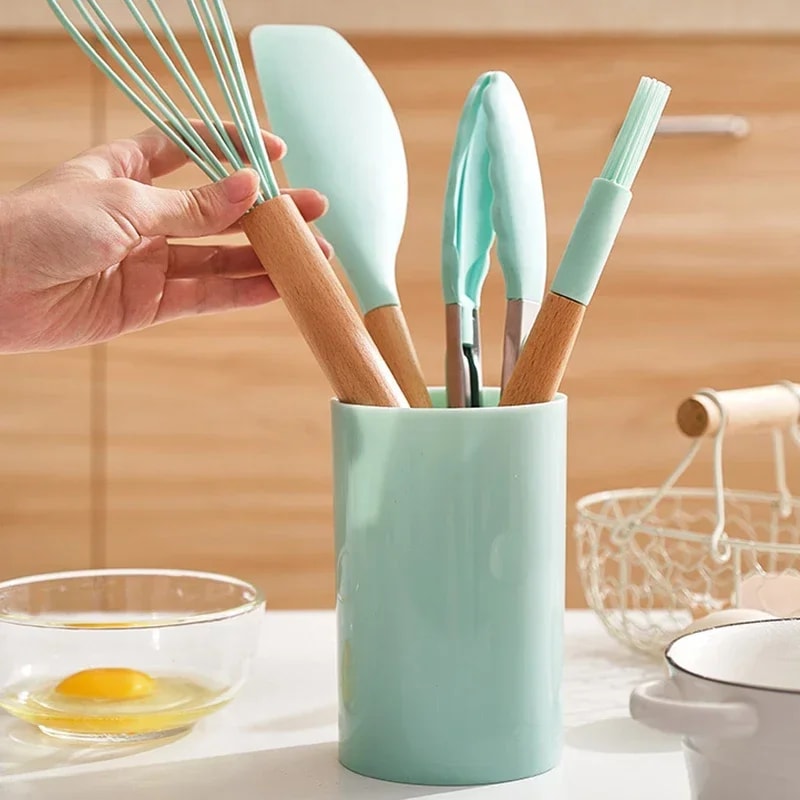 Silicone Kitchenware Non Stick Cooking Set Spatula Shovel Wooden Handle Egg Beaters Utensils 1