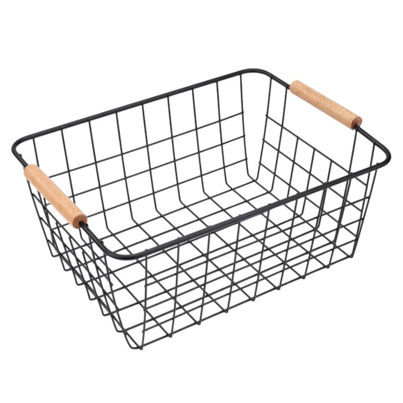 Metal Desktop Storage Basket With Wood Handle Large Capacity Iron Wired Basket For Sundries 0
