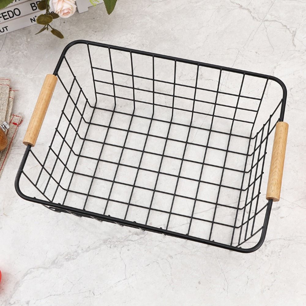 Metal Desktop Storage Basket With Wood Handle Large Capacity Iron Wired Basket For Sundries 1