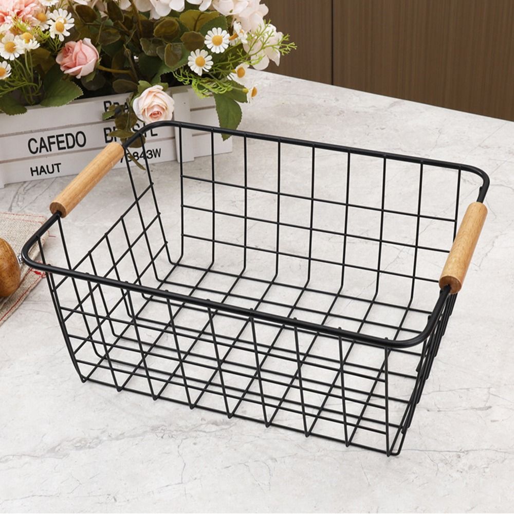 Metal Desktop Storage Basket With Wood Handle Large Capacity Iron Wired Basket For Sundries 3