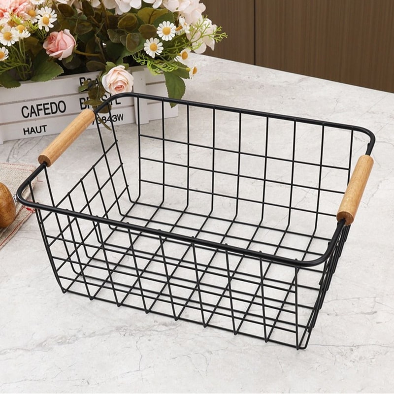 Metal Desktop Storage Basket With Wood Handle Large Capacity Iron Wired Basket For Sundries 3