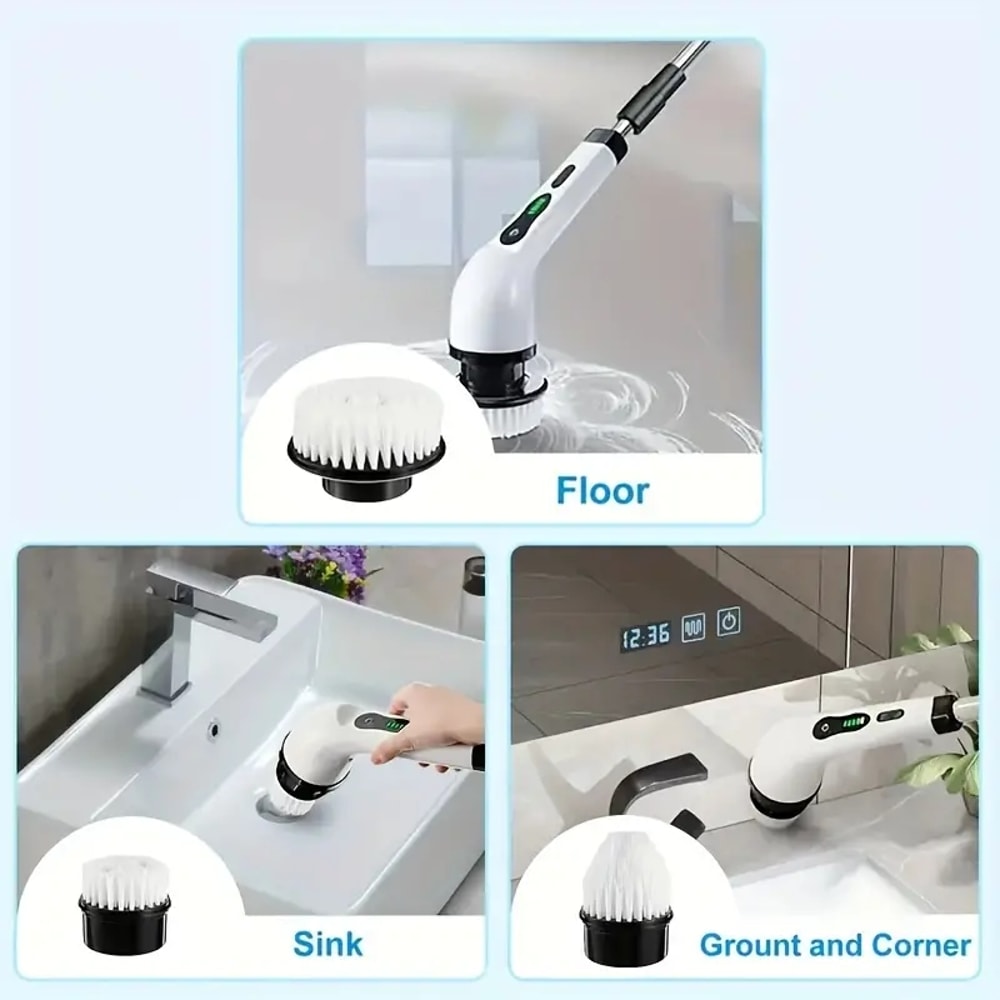Electric Cleaning Brush Cordless Rotating Scrubber With Brush Heads And Adjustable Extension Handle 3
