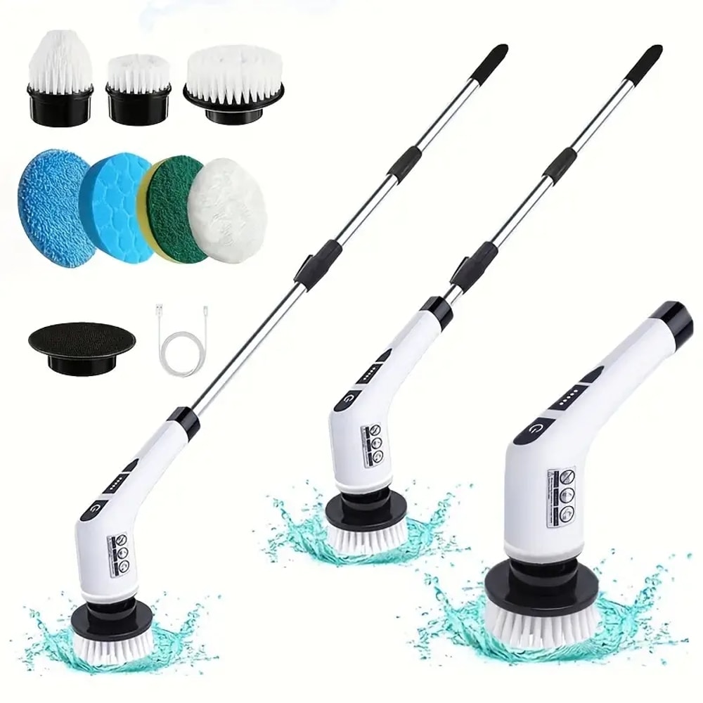 Electric Cleaning Brush Cordless Rotating Scrubber With Brush Heads And Adjustable Extension Handle 0