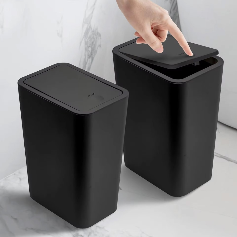 Bathroom Trash Can With Press Top Lid For Toilet Bedroom Living Room Plastic Wastebasket Popup Lid 0
