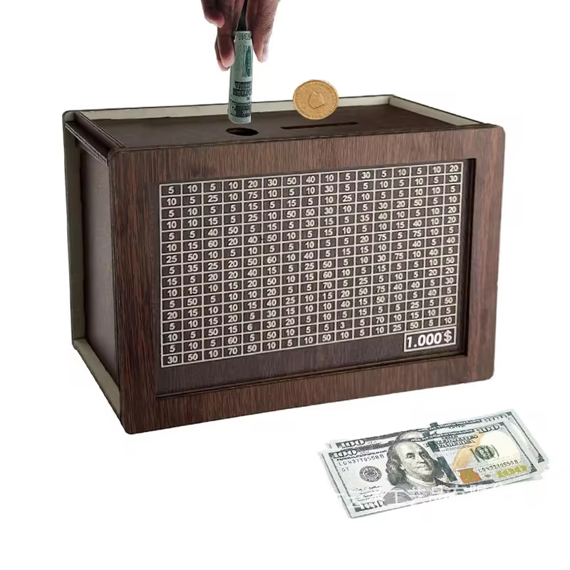 Wood Money Box Piggy Bank With Saving Goal And Numbers Reusable Money Drawer 0