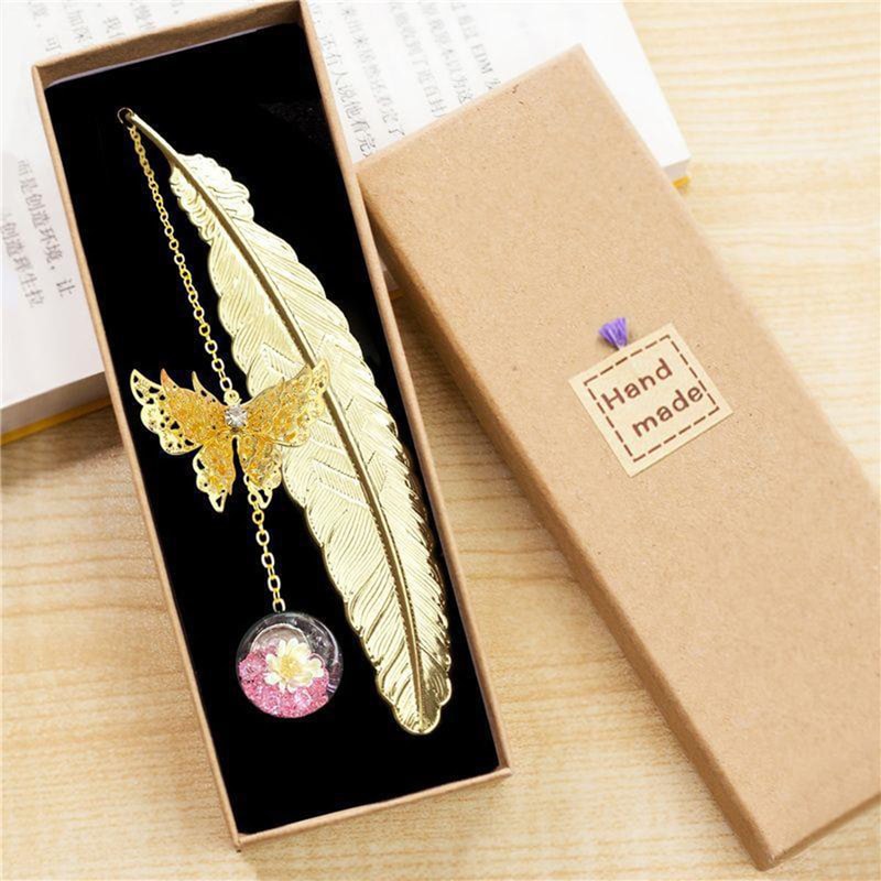Style Metal Feather Bookmark With Butterfly Leaf And Dried Flower For Teachers Day And Student Gift 3
