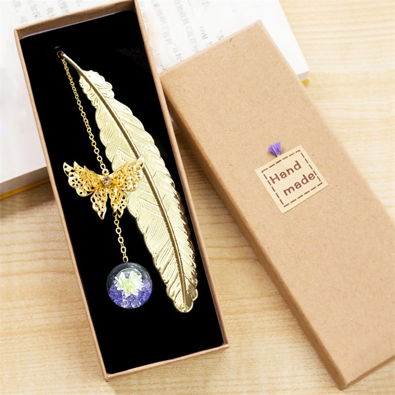 Style Metal Feather Bookmark With Butterfly Leaf And Dried Flower For Teachers Day And Student Gift 6