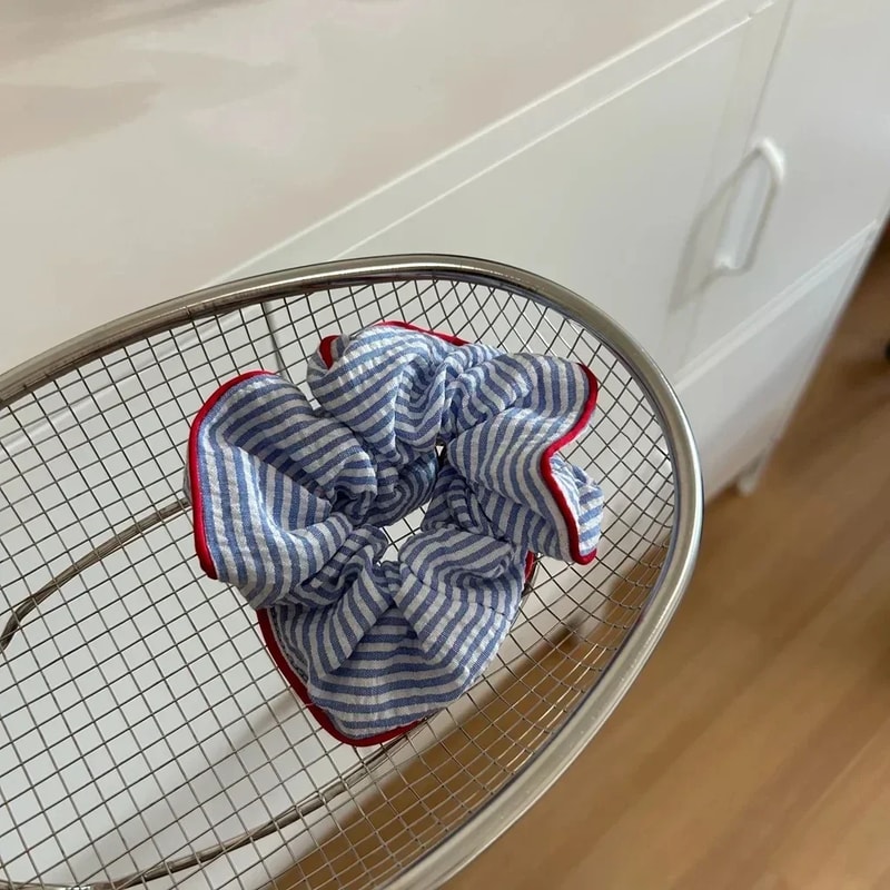 Sweet Fresh Blue Striped Hair Tie Scrunchies For Women Red Hem Elastic Hair Bands For Girls Cute Ha 4