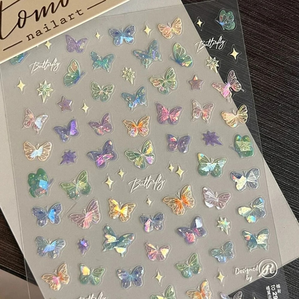 Colorful Butterfly Fairy Nail Art Stickers, Fashion Laser Stickers with Advanced Embossed Butterfly Wings